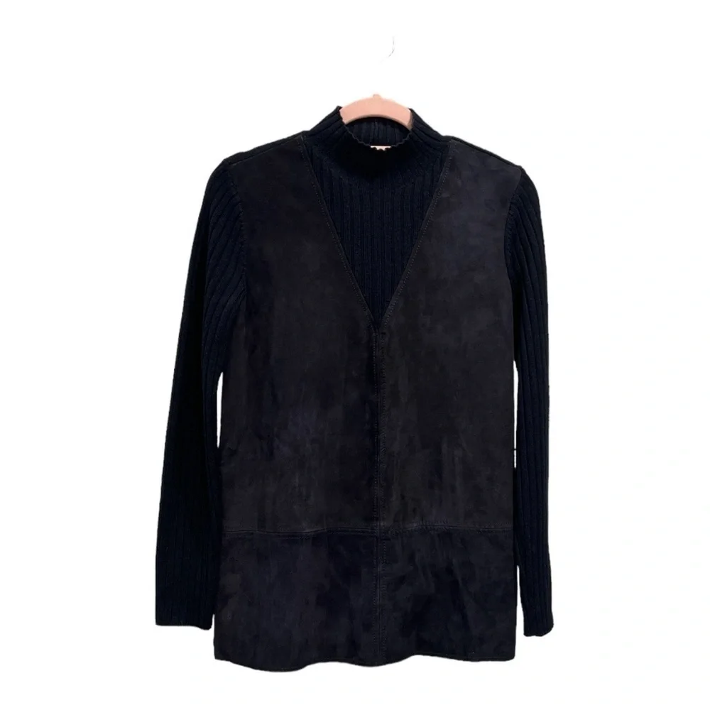 Tory Burch Navy Molly Leather Wool Ribbed Mockneck Sweater Size XS
